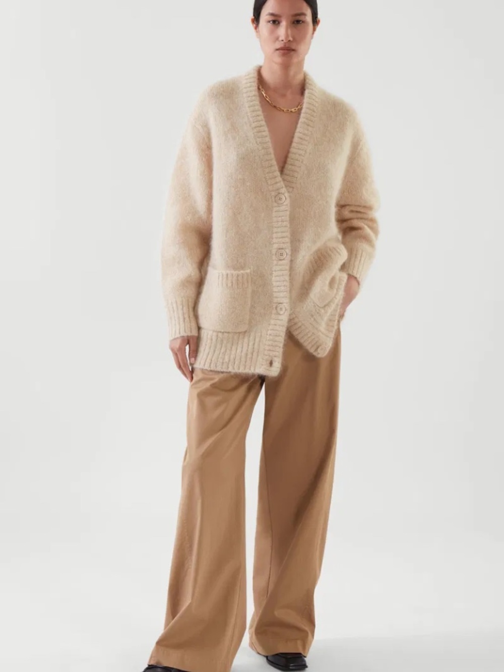 COS Mohair Wool Cardigan Beige Sweater Chunky Knit Womens XS